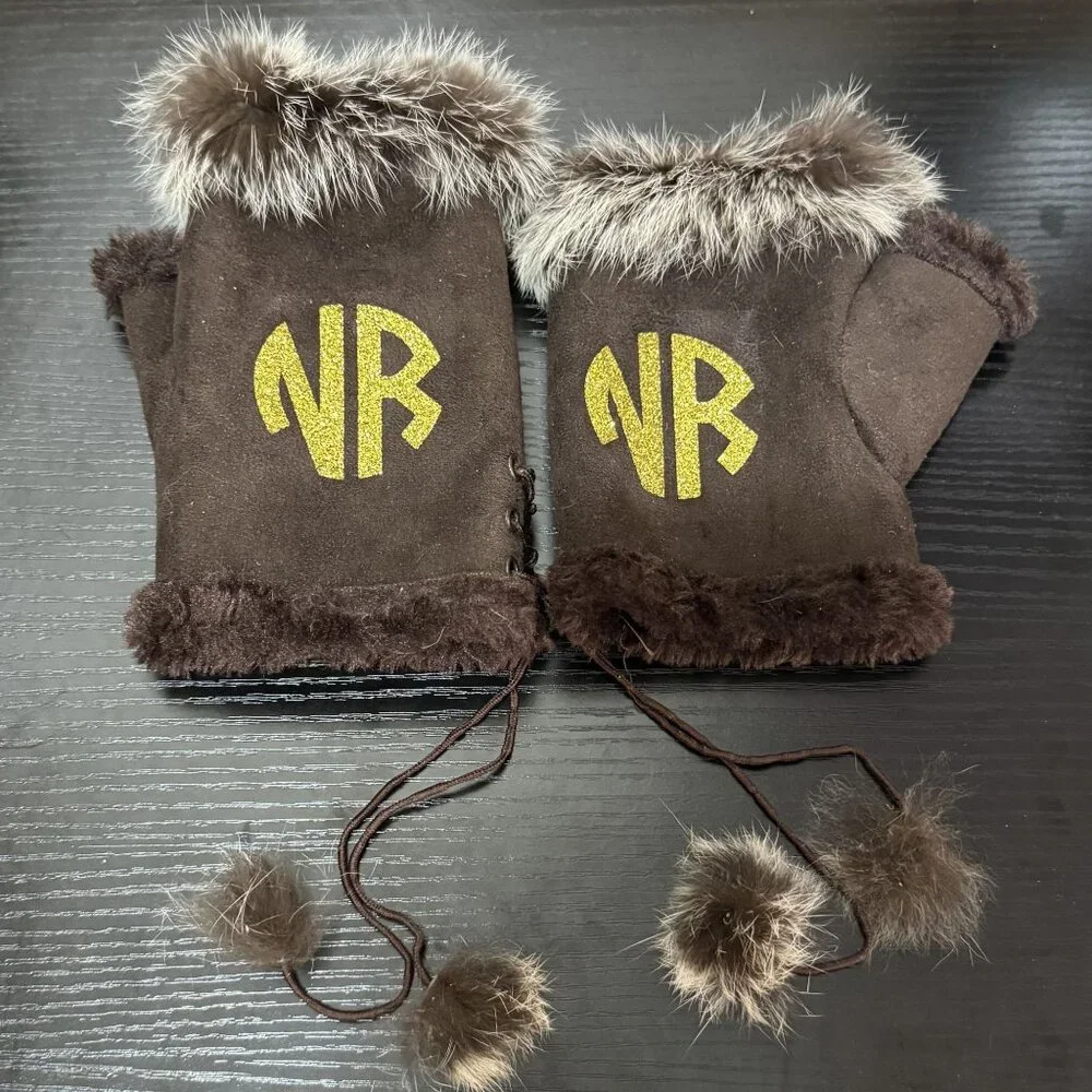 Vintage Brown Suede Fingerless Gloves Faux Fur Pom Pom Tie Womens Winter Mittens